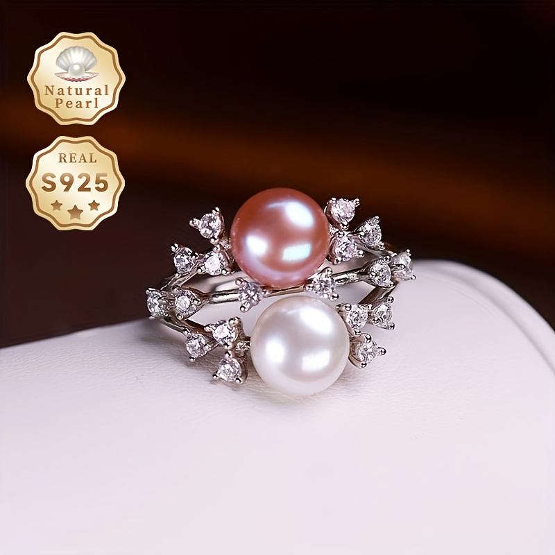 S925 Silver Pearl Ring, 7-8mm Two Tone Natural Freshwater Pearl